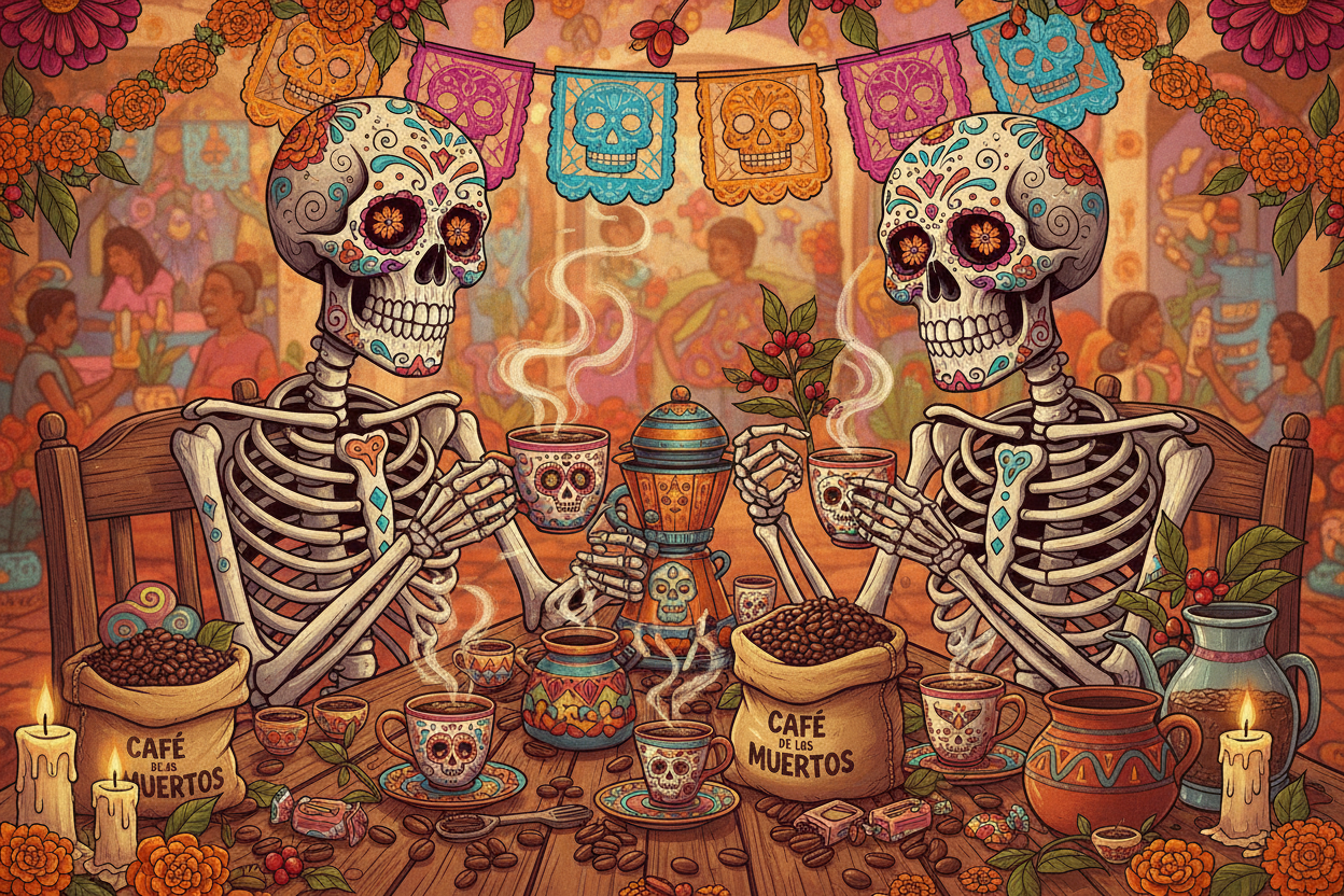 Day of the dead skeletons with coffee around